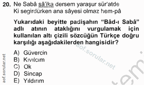 20. soru: Ne Sabâ sä'ika dersem yaraşur sür'atde Ki segirdürken ana sâyesi olmaz hem-pâ Yukarıdaki beyitte padişahın "Bâd-ı Sab…