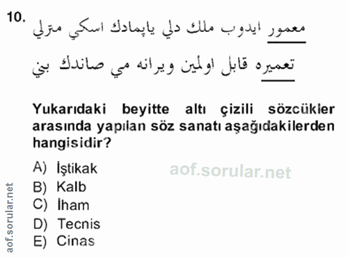 10. soru: معمور ايدوب ملك دلي بابمادك اسكي مترلي .10 تعميره قابل اولمين ويرانه مي صاندك بني Yukarıdaki beyitte altı çizili sözc…
