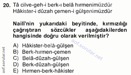 20. soru: Tâ cilve-geh-i berk-ı belâ hırmenimüzdür Hâkister-i dûzah çemen-i gülşenimüzdür Nailî'nin yukarıdaki beyitinde, kırmı…