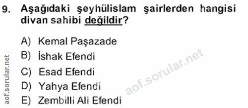 9. soru: Aşağıdaki şeyhülislam şairlerden hangisi divan sahibi değildir? A) Kemal Paşazade B) İshak Efendi C) Esad Efendi D) Y…