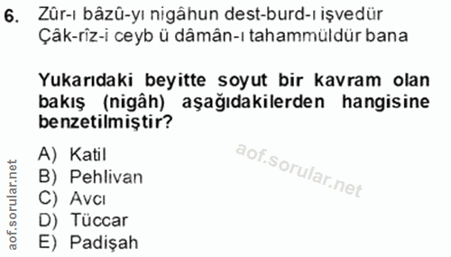 6. soru: Zür-ı bâzü-yı nigâhun dest-burd-ı işvedür Çak-riz-i ceyb ü damân-ı tahammüldür bana Yukarıdaki beyitte soyut bir kavr…