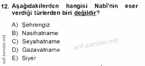12. soru: Aşağıdakilerden hangisi Nabinin eser verdiği türlerden biri değildir? A) Şehrengiz B) Nasihatname C) Seyahatname D) G…