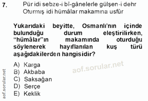 7. soru: Pür idi sebze-i bi-gânelerle gülşen-i dehr Oturmış idi hümâlar makamına usfür Yukarıdaki beyitte, Osmanlı'nın içinde…