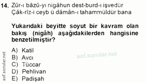 14. soru: Zür-ı bâzû-yı nigâhun dest-burd-ı işvedür Çak-riz-i ceyb ü dâmân-ı tahammüldür bana Yukarıdaki beyitte soyut bir kavr…