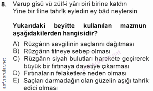 8. soru: Varup gisü vü zülf-i yårı biri birine katdın Yine bir fitne tahrik eyledin ey båd neylersin Yukarıdaki beyitte kullan…