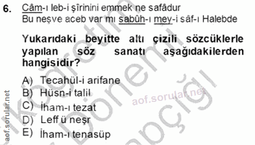 6. soru: Câm-i leb-i şîrinini emmek ne safâdur Bu neşve aceb var mı sabüh-ı mey-i sâf-ı Halebde Yukarıdaki beyitte altı çizili…