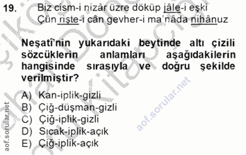 19. soru: Biz cism-i nizâr üzre döküp jâle-i eşki Çün rişte-i cân gevher-i ma'nâda nihânuz Neşti'nin yukarıdaki beytinde altı ç…