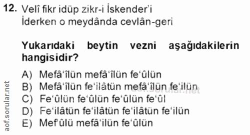 12. soru: Veli fikr idüp zikr-i Iskender'i İderken o meydânda cevlân-geri Yukarıdaki beytin vezni aşağıdakilerin hangisidir? A)…