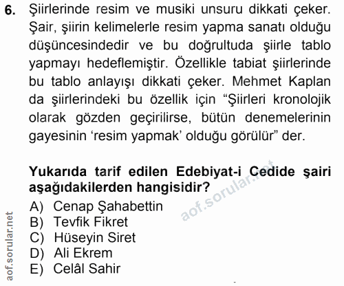 6. soru: Şiirlerınde resim ve musiki unsuru dikkati çeker. Şair, şiirin kelimelerle resim yapma sanatı olduğu düşüncesindedir…