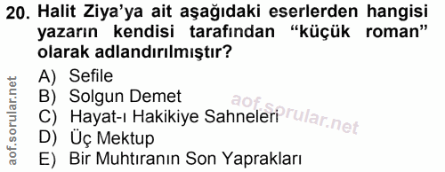 20. soru: Halit Ziya'ya ait aşağıdaki eserlerden hangisi yazarın kendisi tarafından "küçük roman" olarak adlandırılmıştır? A) S…
