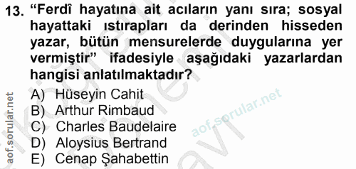 13. soru: "Ferdi hayatına ait acıların yanı sıra; sosyal hayattaki ıstırapları da derinden hisseden yazar, bütün mensurelerde d…