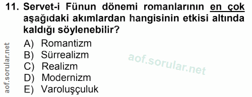 11. soru: Servet-i Fünun dönemi romanlarının en çok aşağıdaki akımlardan hangisinin etkisi altında kaldığı söylenebilir? A) Rom…
