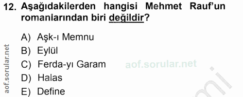 12. soru: Aşağıdakilerden hangisi Mehmet Rauf'un romanlarından biri değildir? A) Aşk-ı Memnu B) Eylül C) Ferda-yı Garam D) Hala…