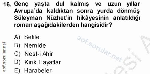 16. soru: Genç yaşta dul kalmış ve uzun yıllar Avrupa'da kaldıktan sonra yurda dönmüş Süleyman Nüzhet'in hikâyesinin anlatıldığ…