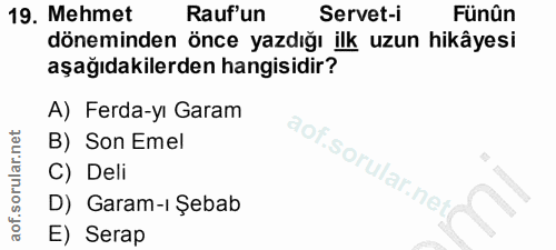 19. soru: Mehmet Rauf'un Servet-i Fünûn döneminden önce yazdığı ilk uzun hikâyesi aşağıdakilerden hangisidir? A) Ferda-yı Garam…
