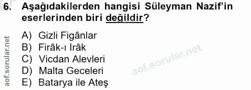 6. soru: Aşağıdakilerden hangisi Süleyman Nazif'in eserlerinden biri değildir? A) Gizli Figânlar B) Firâk-ı Irâk C) Vicdan Ale…