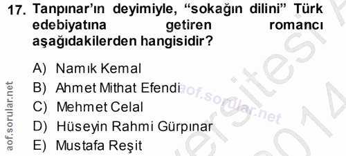 17. soru: Tapınar'ın deyimiyle, "sokağın dilini" Türk edebiyatına getiren romancı aşağıdakilerden hangisidir? A) Namık Kemal B)…