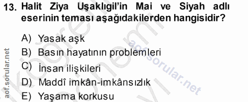 13. soru: Halit Ziya Uşaklıgil'in Mai ve Siyah adlı eserinin teması aşağıdakilerden hangisidir? A) Yasak aşk B) Basın hayatının…