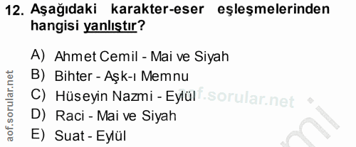 12. soru: Aşağıdaki karakter-eser eşleşmelerinden hangisi yanlıştır? A) Ahmet Cemil - Mai ve Siyah B) Bihter - Aşk-ı Memnu C) H…