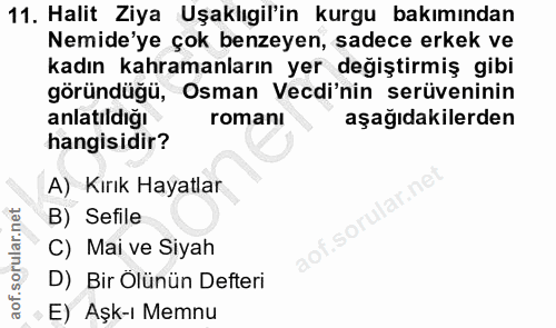 11. soru: Halit Ziya Uşaklıgil'in kurgu bakımından Nemide'ye çok benzeyen, sadece erkek ve kadın kahramanların yer değiştirmiş…