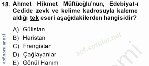 18. soru: Ahmet Hikmet Müftüoğlu'nun, Edebiyat-ı Cedide zevk ve kelime kadrosuyla kaleme aldığı tek eseri aşağıdakilerden hangi…
