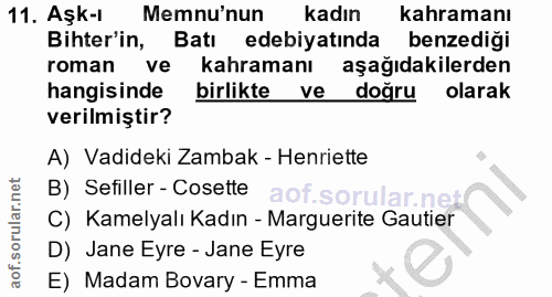 11. soru: Aşk-l Memnu'nun kadın kahramanı Biter'in, Batı edebiyatında benzedigi roman ve kahramanı aşağıdakilerden hangisinde b…