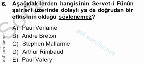 6. soru: Aşağıdakilerden hangisinin Servet-i Fünûn şairleri üzerinde dolaylı ya da doğrudan bir etkisinin olduğu söylenemez? A…