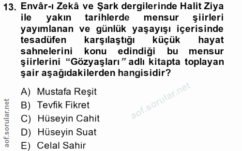 13. soru: Envâr-ı Zekâ ve Şark dergilerinde Halit Ziya ile yakın tarihlerde mensur şiirleri yayımlanan ve günlük yaşayışı içeri…