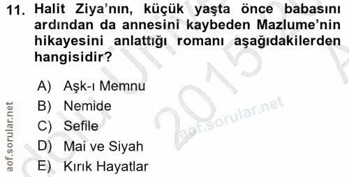11. soru: Halit Ziya'nın, küçük yaşta önce babasını ardından da annesini kaybeden Mazlume'nin hikayesini anlattığı romanı aşağı…