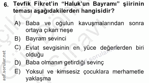 6. soru: Tevfik Fikret'in "Haluk'un Bayramı" şiirinin teması aşağıdakilerden hangisidir? A) Baba ve oğulun kavuşmalarından son…