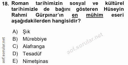 18. soru: Roman tarihimizin sosyal ve kültürel tarihimizle de bağını gösteren Hüseyin Rahmi Gürpınar'ın en mühim eseri aşağıdak…