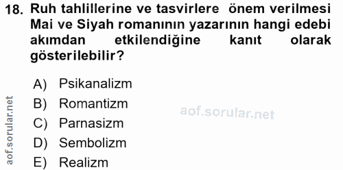 18. soru: Ruh tahlillerine ve tasvirlere önem verilmesi Mai ve Siyah romanının yazarının hangi edebi akımdan etkilendiğine kanı…