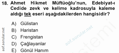 18. soru: Ahmet Hikmet J Müftüoğlu'nun, Edebiyat-ı Cedide zevk ve kelime kadrosuyla kaleme aldığı tek eseri aşağıdakilerden han…