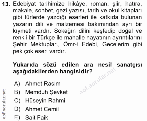 13. soru: Edebiyat tarihimize hikâye, roman, şiir, hatıra, makale, sohbet, gezi yazısı, tarih ve okul kitapları gibi türlerde y…