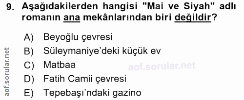 9. soru: Aşağıdakilerden hangisi "Mai ve Siyah" adlı romanın ana mekânlarından biri değildir? A) Beyoğlu çevresi B) Süleymaniy…