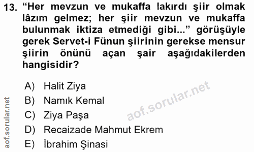 13. soru: "Her mevzun ve mukaffa lakırdı şiir olmak lâzım gelmez; her şiir mevzun ve mukaffa bulunmak iktiza etmediği gibi..."…