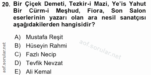 20. soru: Bir Çiçek Demeti, Tezkir-i Mazi, Ye'is Yahut Bir Cürm-i Meşhud, Fiora, Son Salon eserlerinin yazarı olan ara nesil sa…