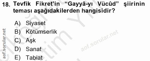 18. soru: Tevfik Fikret'in "Gayyâ-yı Vücûd" şiirinin teması aşağıdakilerden hangisidir? A) Siyaset B) Kötümserlik C) Aşk D) San…