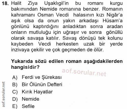 18. soru: Halit Ziya Uşaklıgil'in bu romanı kurgu bakımından Nemide romanına benzer. Romanın kahramanı Osman Vecdi halasının kı…