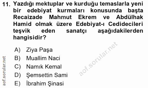 11. soru: Yazdığı mektuplar ve kurduğu temaslarla yeni bir edebiyat kurmaları konusunda başta Recaizade Mahmut Ekrem ve Abdülha…