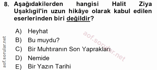 8. soru: Aşağıdakilerden hangisi Halit Ziya Uşaklıgil'in uzun hikâye olarak kabul edilen eserlerinden biri değildir? A) Heyhat…