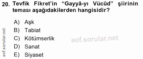 20. soru: Tevfik Fikret'in "Gayyâ-yı Vücûd" şiirinin teması aşağıdakilerden hangisidir? A) Aşk rular.net B) Tabiat C) Kötümserl…