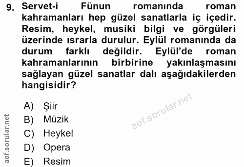 9. soru: Servet-i Fünun romanında roman kahramanları hep güzel sanatlarla iç içedir. Resim, heykel, musiki bilgi ve görgüleri…