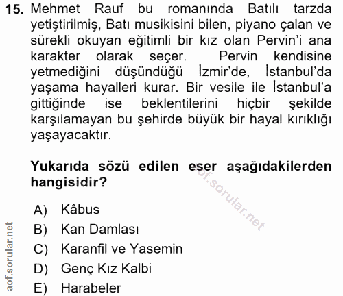 15. soru: Mehmet Rauf bu romanında Batılı tarzda yetiştirilmiş, Batı musikisini bilen, piyano çalan ve sürekli okuyan eğitimli…