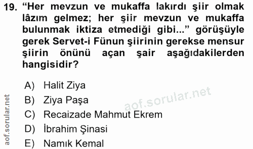 19. soru: "Her mevzun ve mukaffa lakırdı şiir olmak lâzım gelmez; her şiir mevzun ve mukaffa bulunmak iktiza etmediği gibi..."…