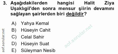 3. soru: Aşağıdakilerden hangisi Halit Ziya Uşaklıgil'den sonra mensur şiirin devamını sağlayan şairlerden biri değildir? A) Y…