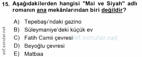 15. soru: Aşağıdakilerden hangisi "Mai ve Siyah" adlı romanın ana mekânlarından biri değildir? A) Tepebaşı'ndaki gazino B) Süle…