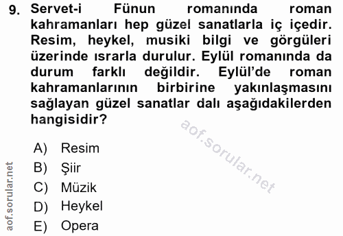 9. soru: Servet-i Fünun romanında roman kahramanları hep güzel sanatlarla iç içedir. Resim, heykel, musiki bilgi ve görgüleri…
