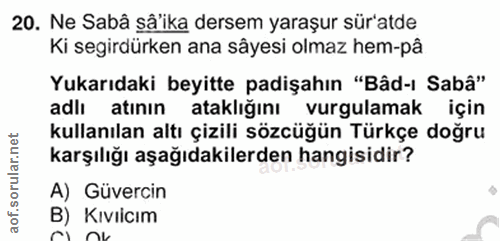 5. soru: Ne Sabâ så ika dersem yaraşur sür'atde Ki segirdürken ana sâyesi olmaz hem-pâ Yukarıdaki beyitte padişahın "Bâd-ı Sab…