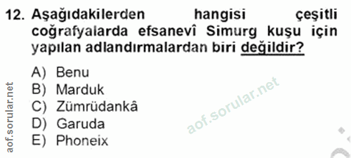 12. soru: Aşağıdakilerden hangisi çeşitli coğrafyalarda efsanevi Simurg kuşu için yapılan adlandırmalardan biri değildir? A) Be…